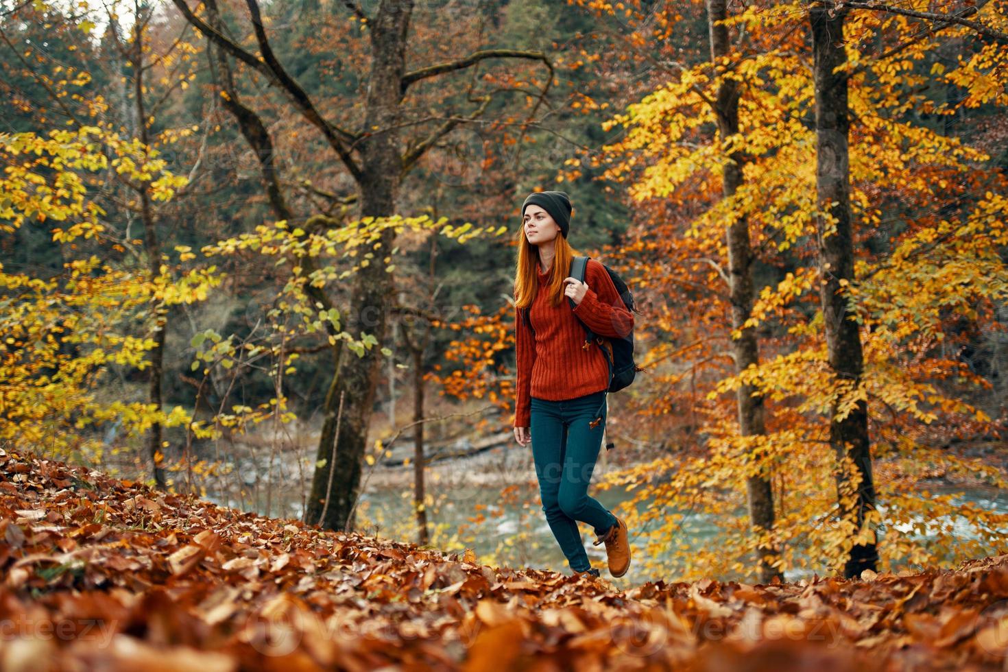 vrouw toerist wandelingen door de park in herfst met een rugzak Aan haar terug en hoog bomen landschap rivier- meer foto