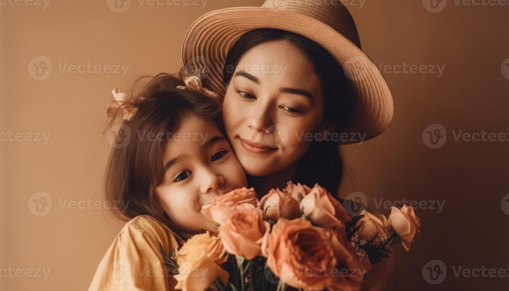 weinig meisje Holding bloemen, knuffelen haar moeder en vieren moeder dag. generatief ai foto