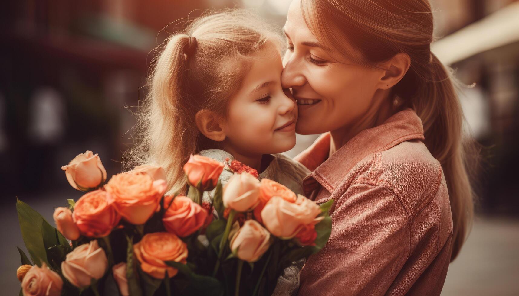 weinig meisje Holding bloemen, knuffelen haar moeder en vieren moeder dag. generatief ai foto