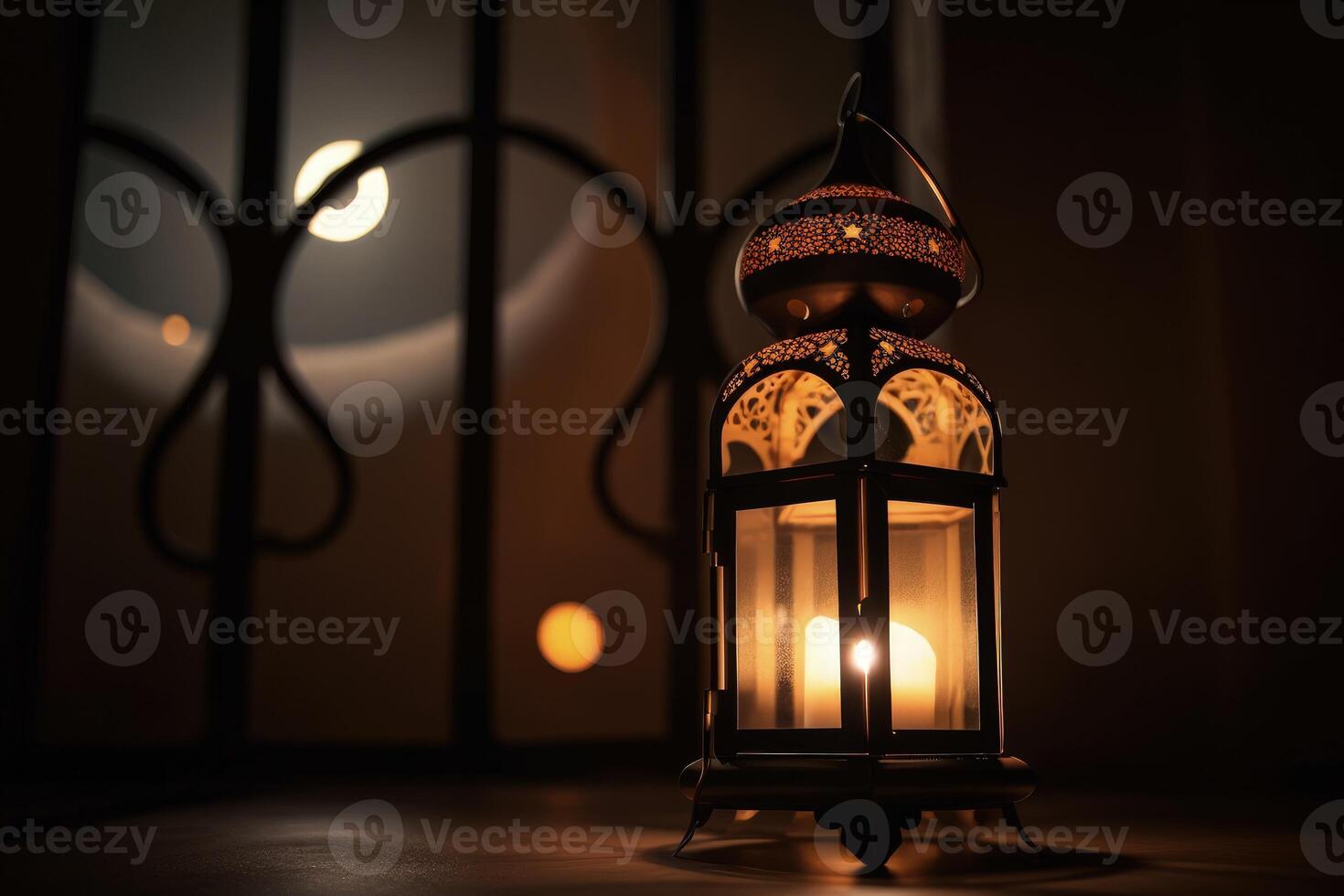 een Arabisch lamp brandend in de nacht naast een venster. mooi Arabisch nacht concept illustratie met een Arabisch lantaarn Aan een wazig achtergrond. Islamitisch heilig nacht concept illustratie. generatief ai. foto