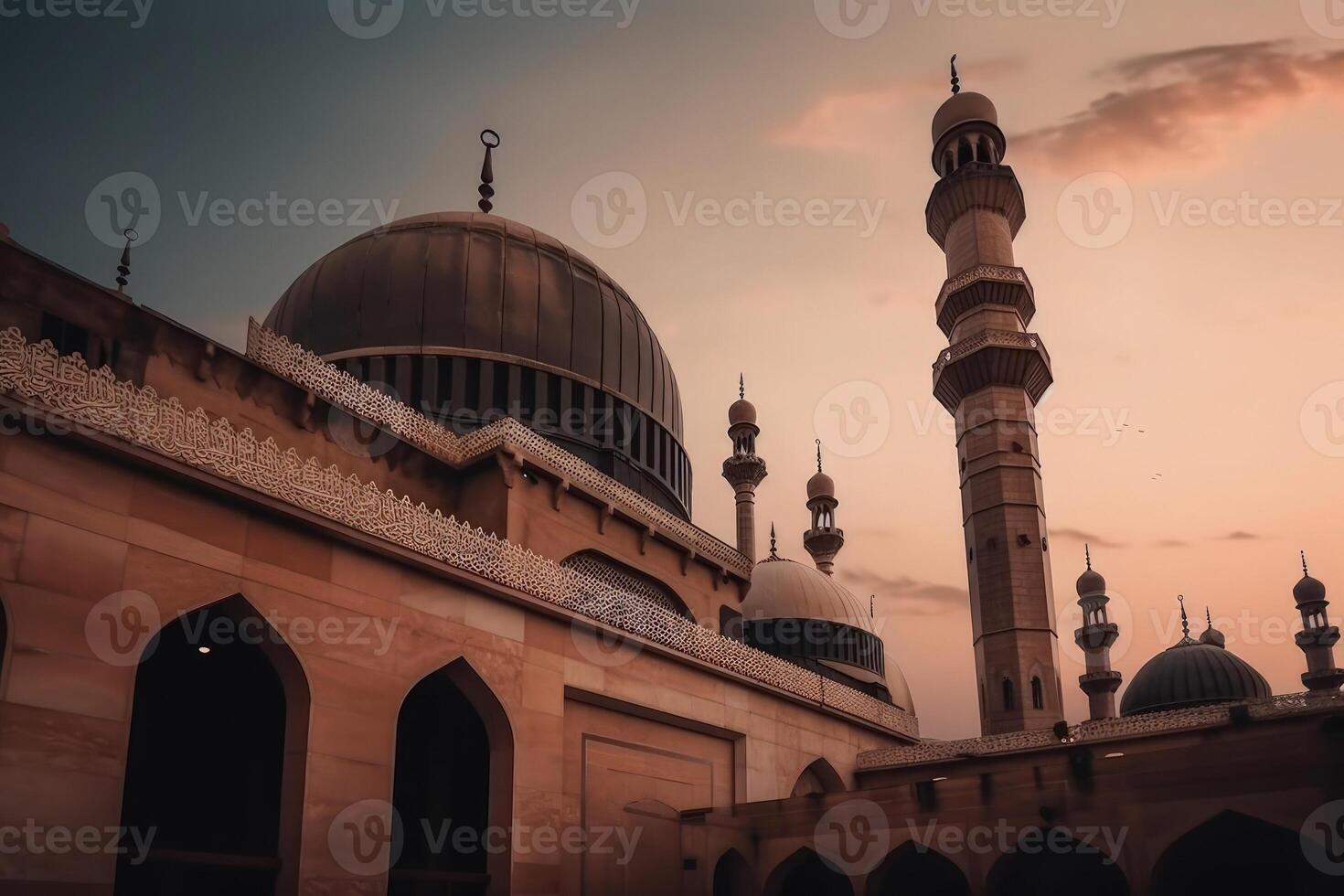 mooi Islamitisch artefact en bouwkundig illustratie Bij de avond zonsondergang tijd. reusachtig moslim moskee buiten visie met Arabische stijl decoratie. mooi Islamitisch structuur. generatief ai. foto