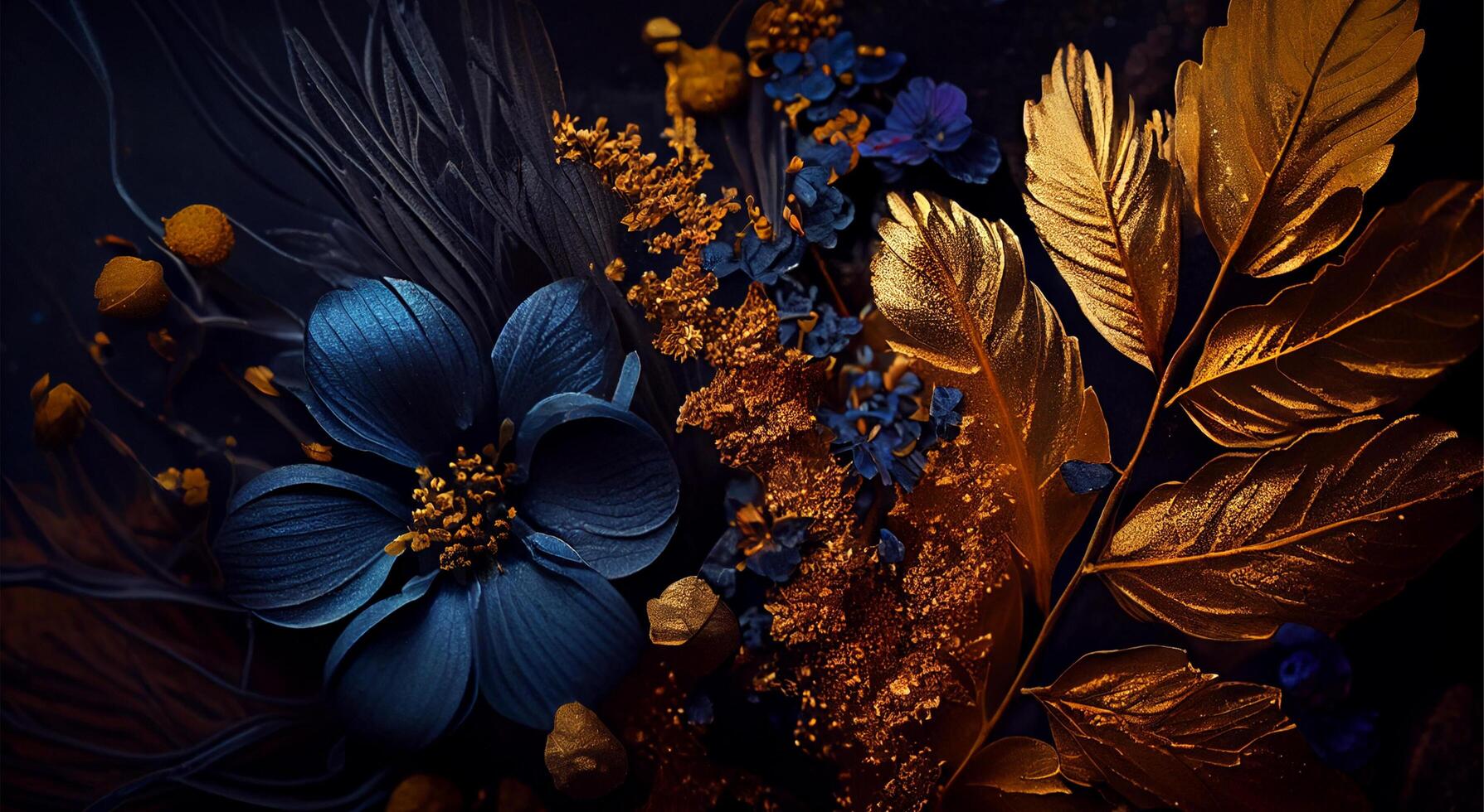 luxe en elegant blauw en gouden stof bloemen, en Afdeling bladeren Aan donker blauw achtergrond. wijnoogst bloemen decoratie. vlak leggen, top visie fantastisch fabriek 3d illustratie. generatief ai. foto