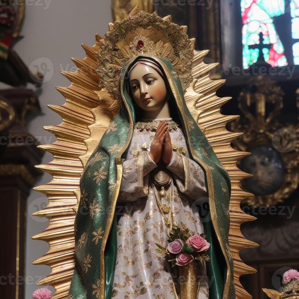 een religieus standbeeld van de maagd Maria binnen een kerk gemaakt met generatief ai technologie foto