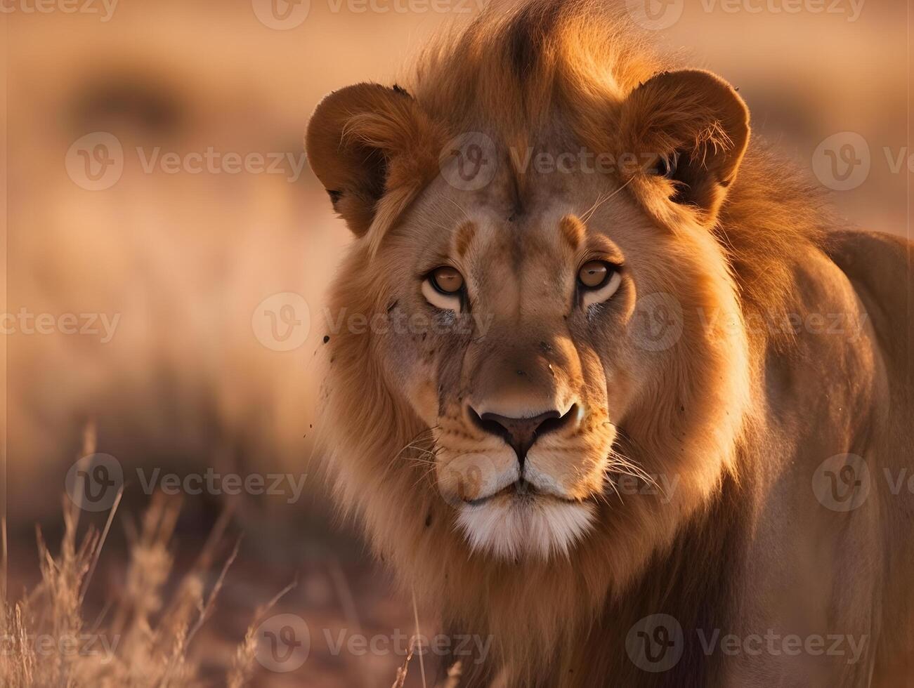 detailopname van leeuw in de savanne. dieren in het wild behang. ai gegenereerd foto