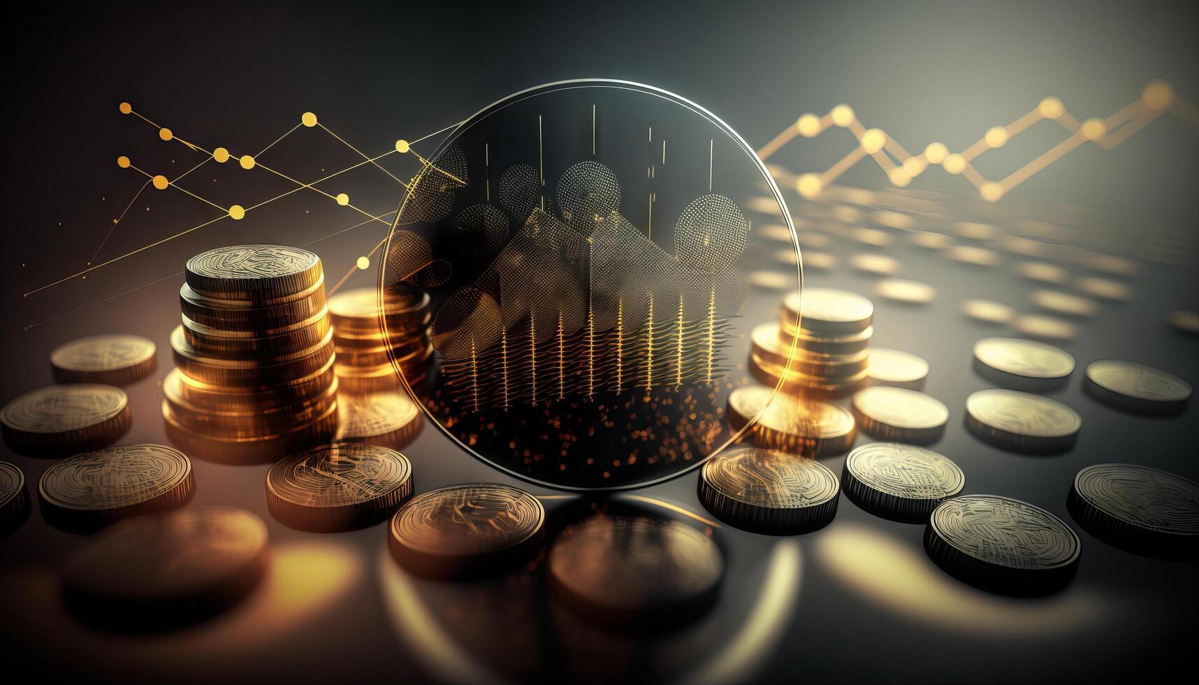 dubbele blootstelling van diagram en rijen van munten voor financiën en bedrijf concept. generatief ai foto