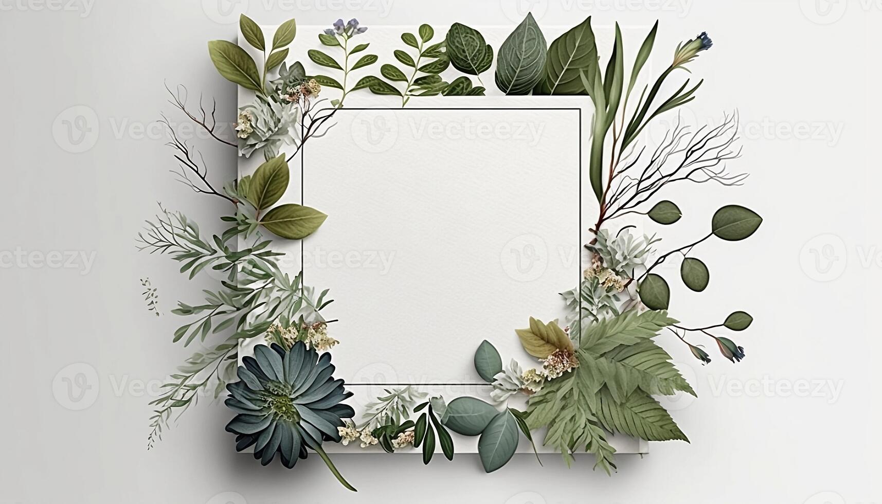 bloem kader omringd met gebladerte twijgen Aan wit canvas achtergrond - gegenereerd ai foto