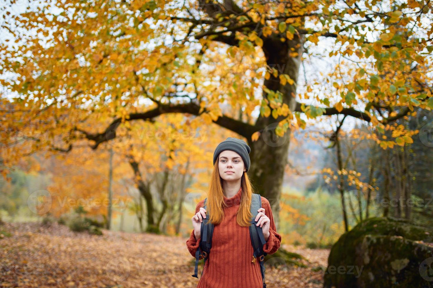 vrouw met een rugzak wandelingen in de herfst Woud geel bladeren natuur foto