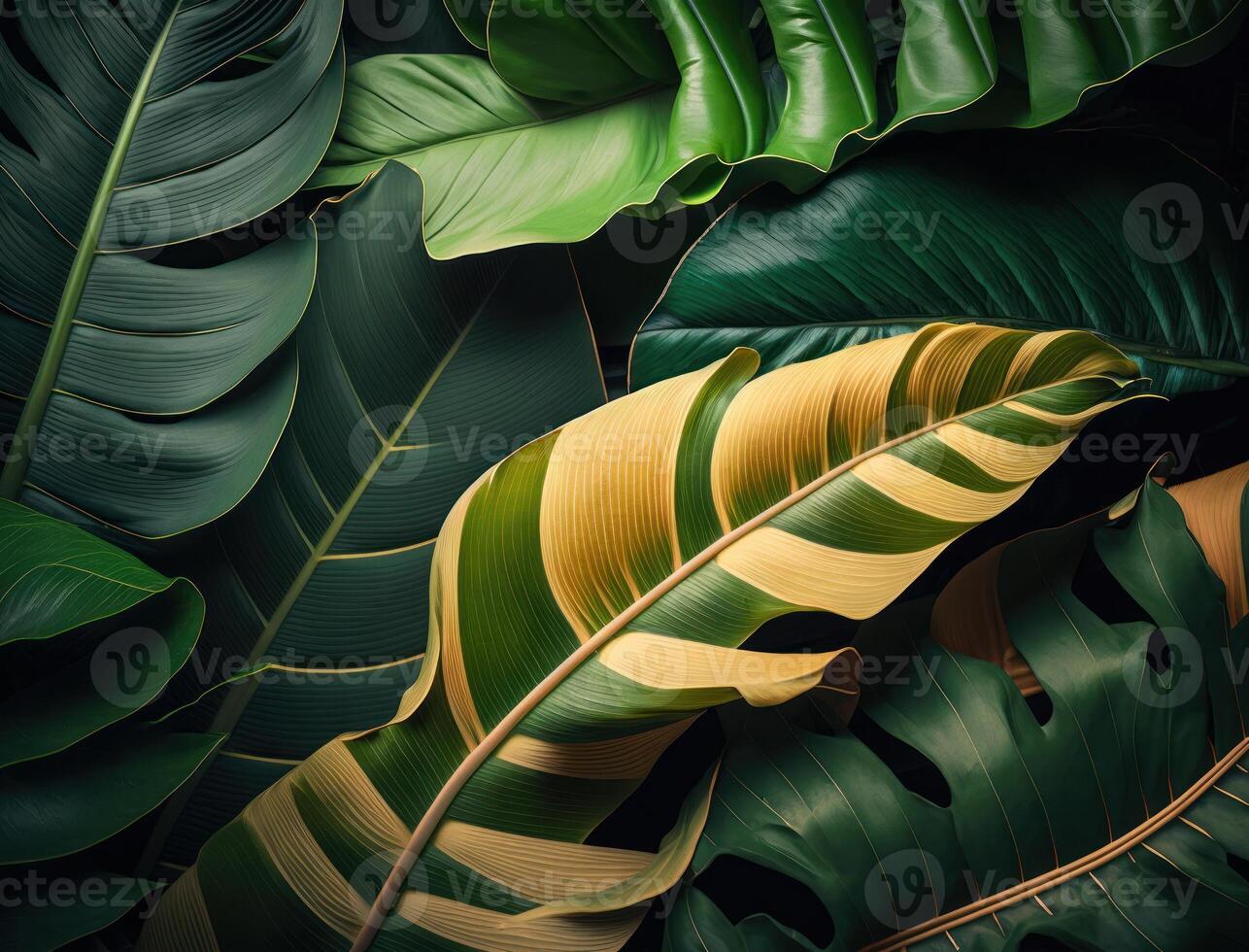 abstract groen tropisch banaan en monstera bladeren achtergrond gemaakt met generatief ai technologie foto