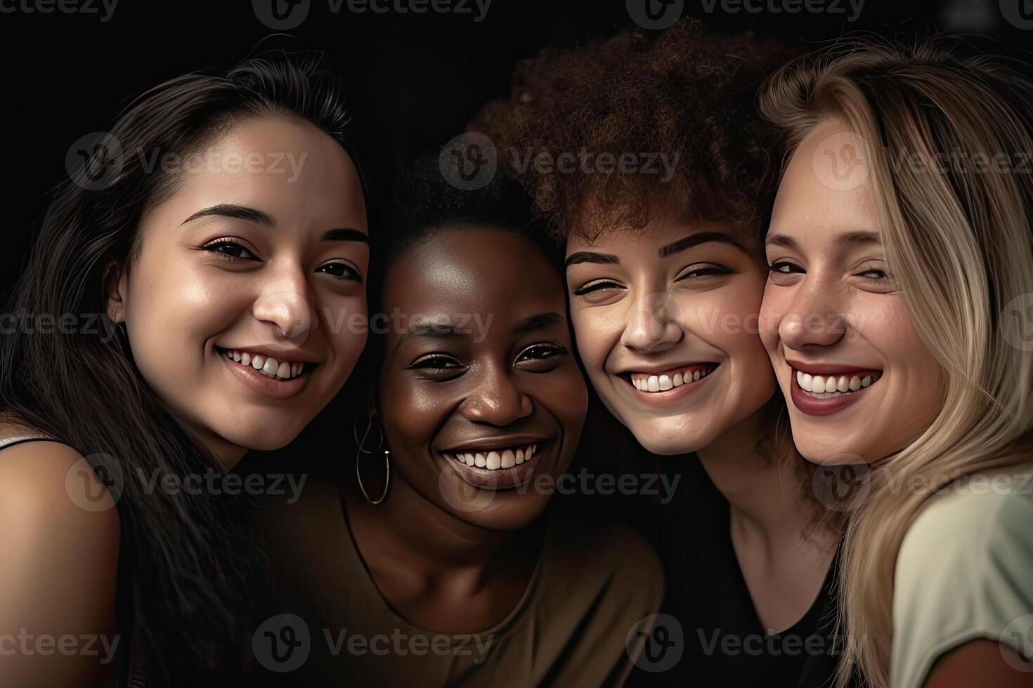 multiraciaal Dames staand samen en glimlachen Bij camera. generatief ai foto