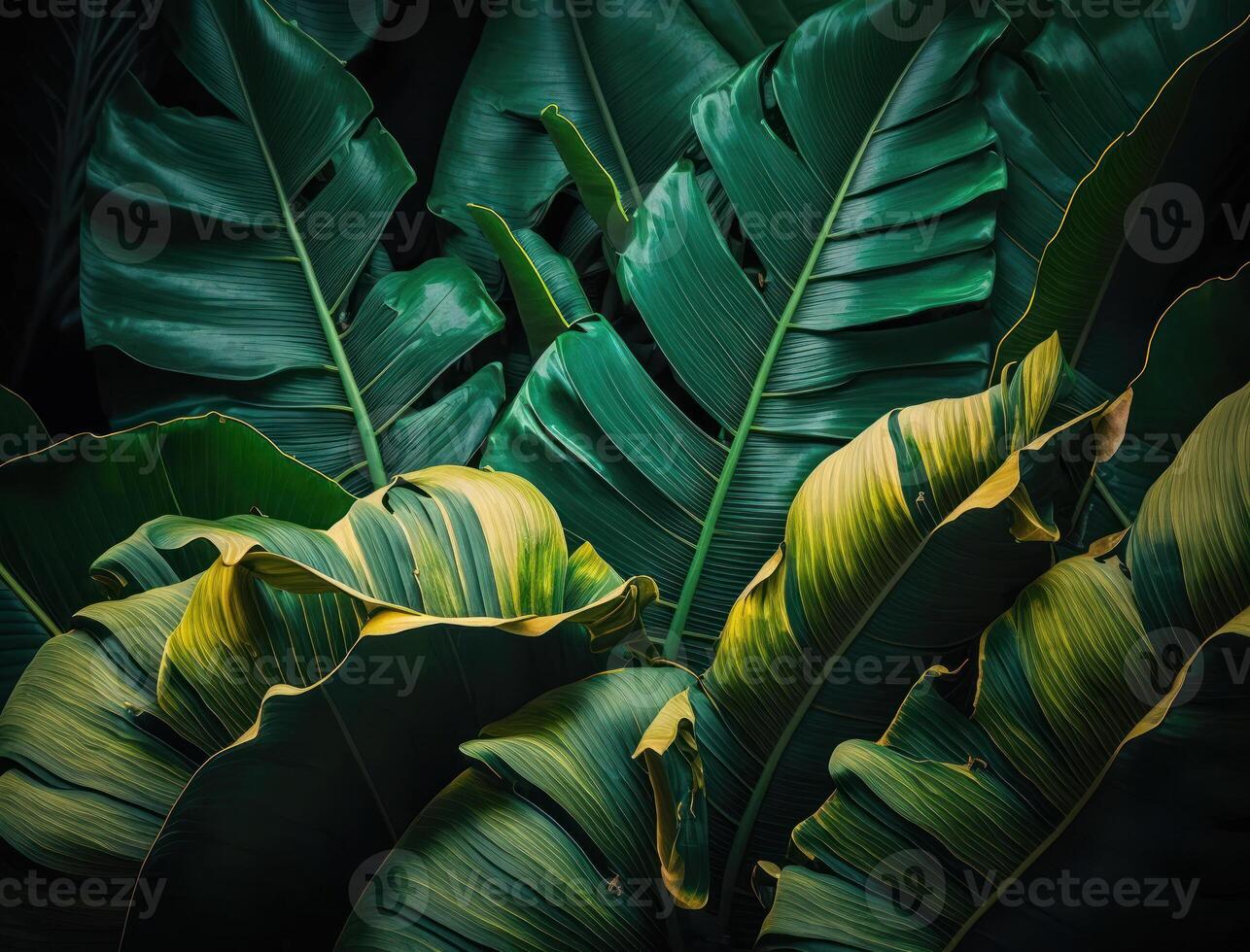 abstract groen tropisch banaan en monstera bladeren achtergrond gemaakt met generatief ai technologie foto