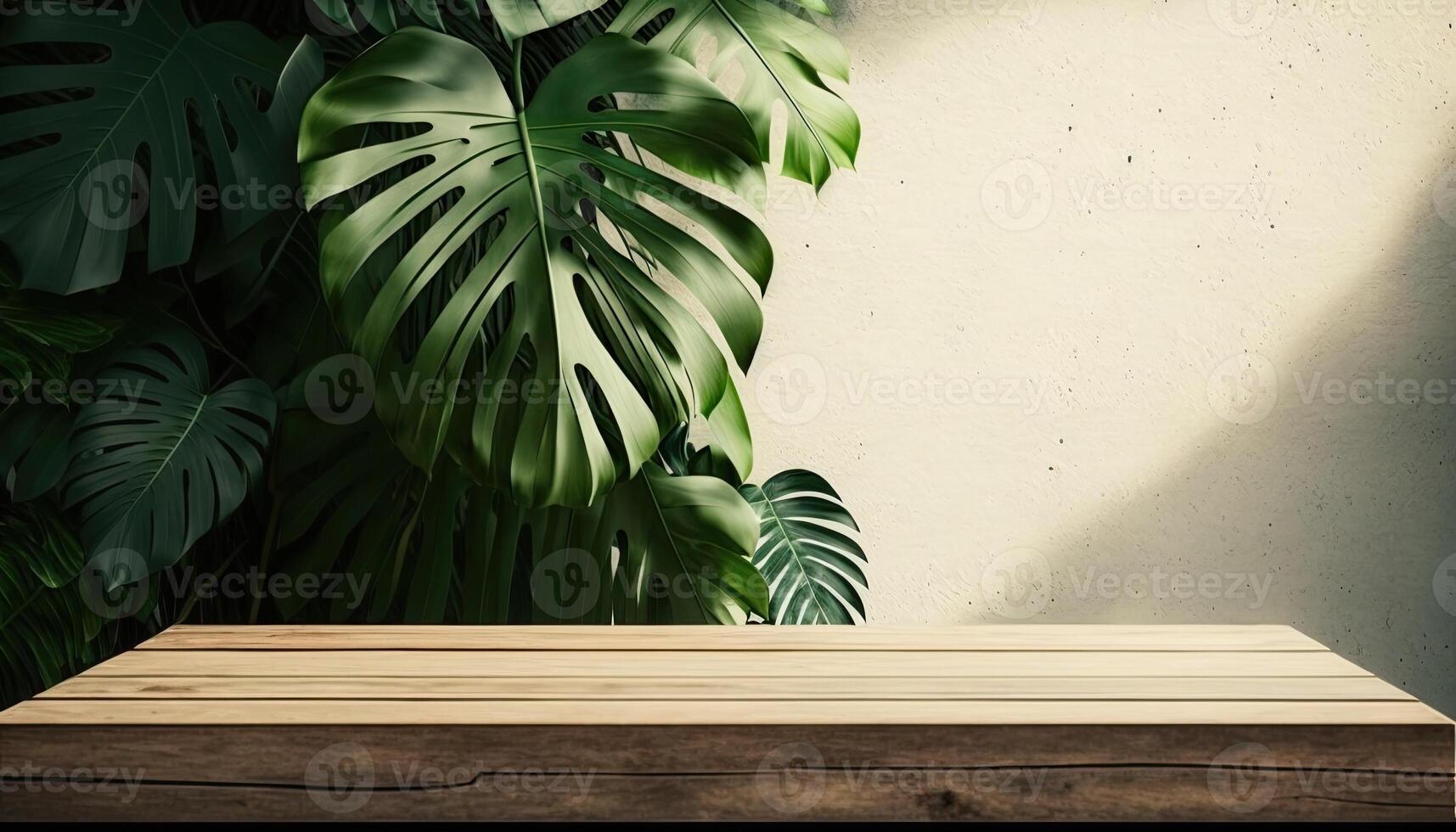 leeg houten tafel top met een wazig achtergrond met tropisch planten achtergrond foto