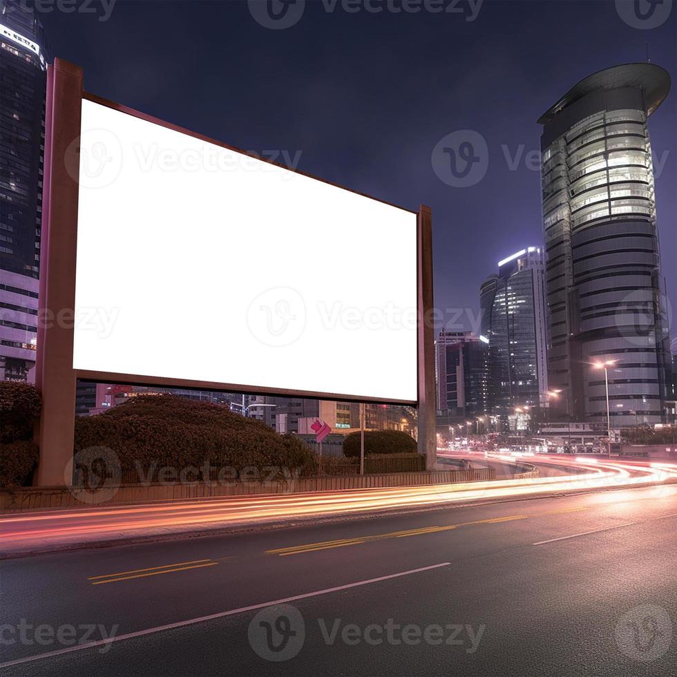 futuristische stad mockup met prominent aanplakbord verlichte in tinten van Purper en roze foto