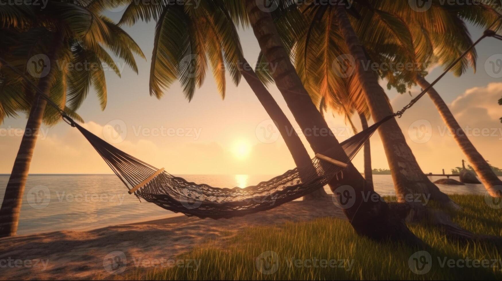 een tropisch strand Bij zonsondergang met een hangmat onder een palm boom. generatief ai foto