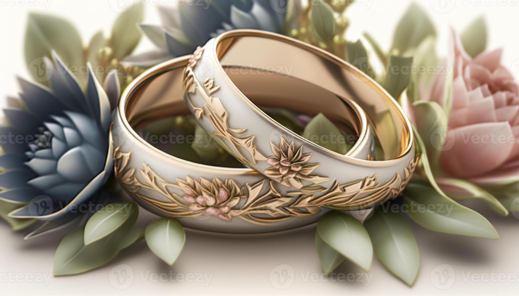 gouden bruiloft ringen en bloemen, dichtbij omhoog. generatief ai foto