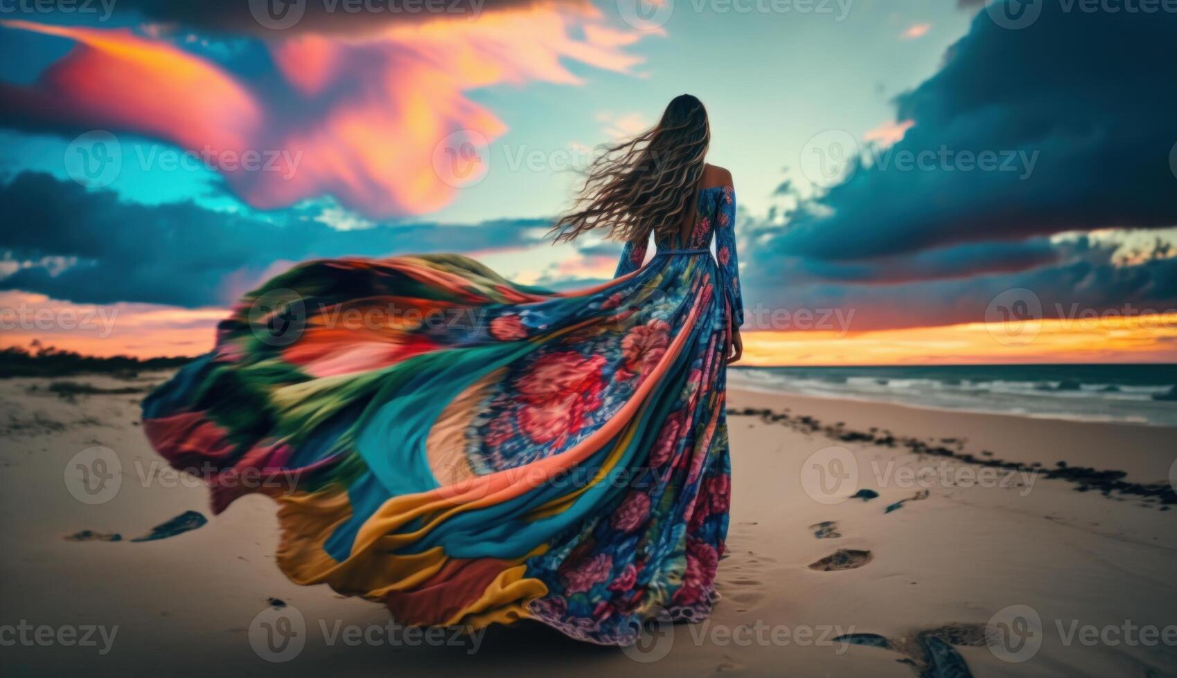 bevallig vrouw staand Aan strand in vloeiende kleurrijk jurk. generatief ai foto