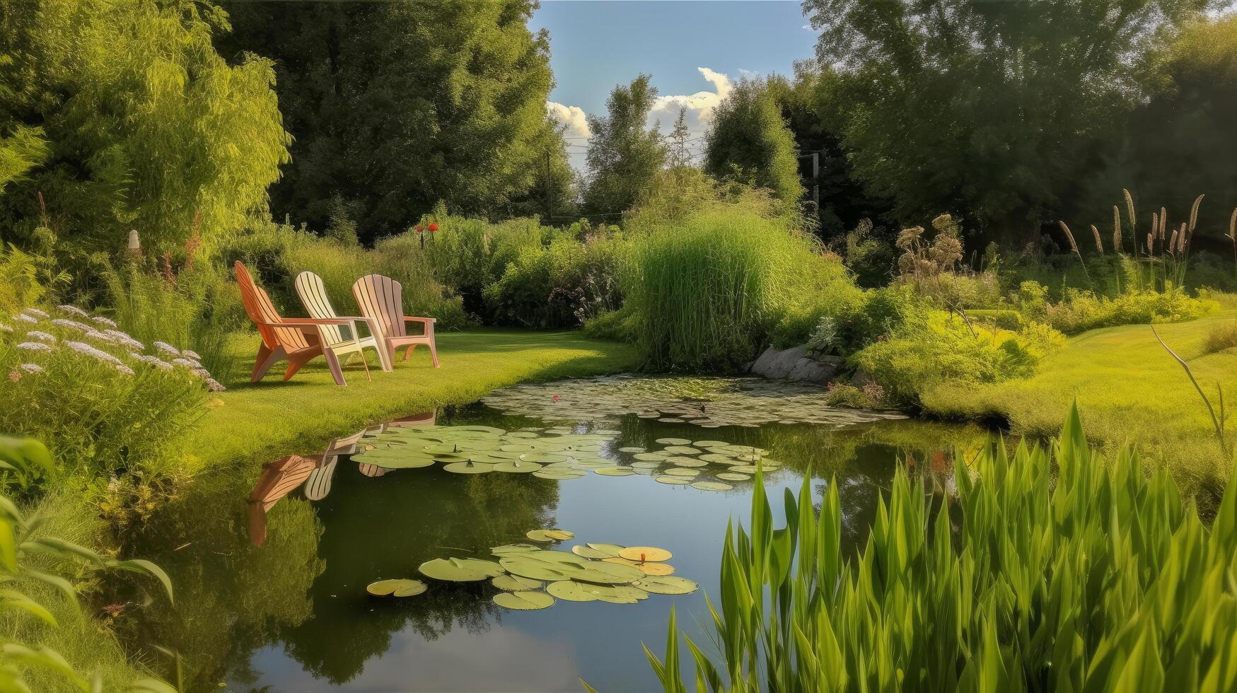 vijver in de zomer tuin. illustratie ai generatief foto