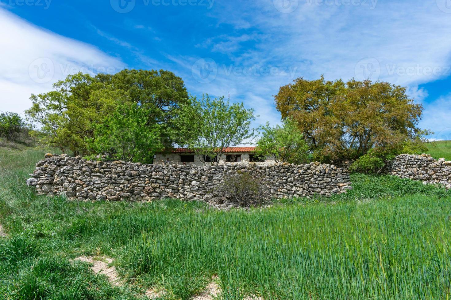 steen huis met steen muur in de groen platteland foto