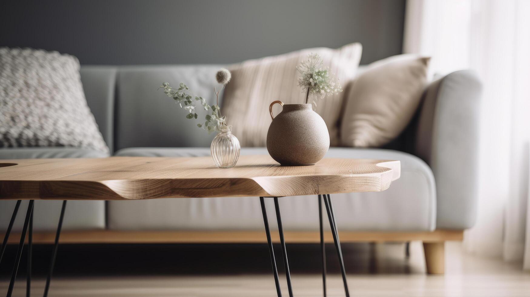 hout tafel in modern interieur. illustratie ai generatief foto