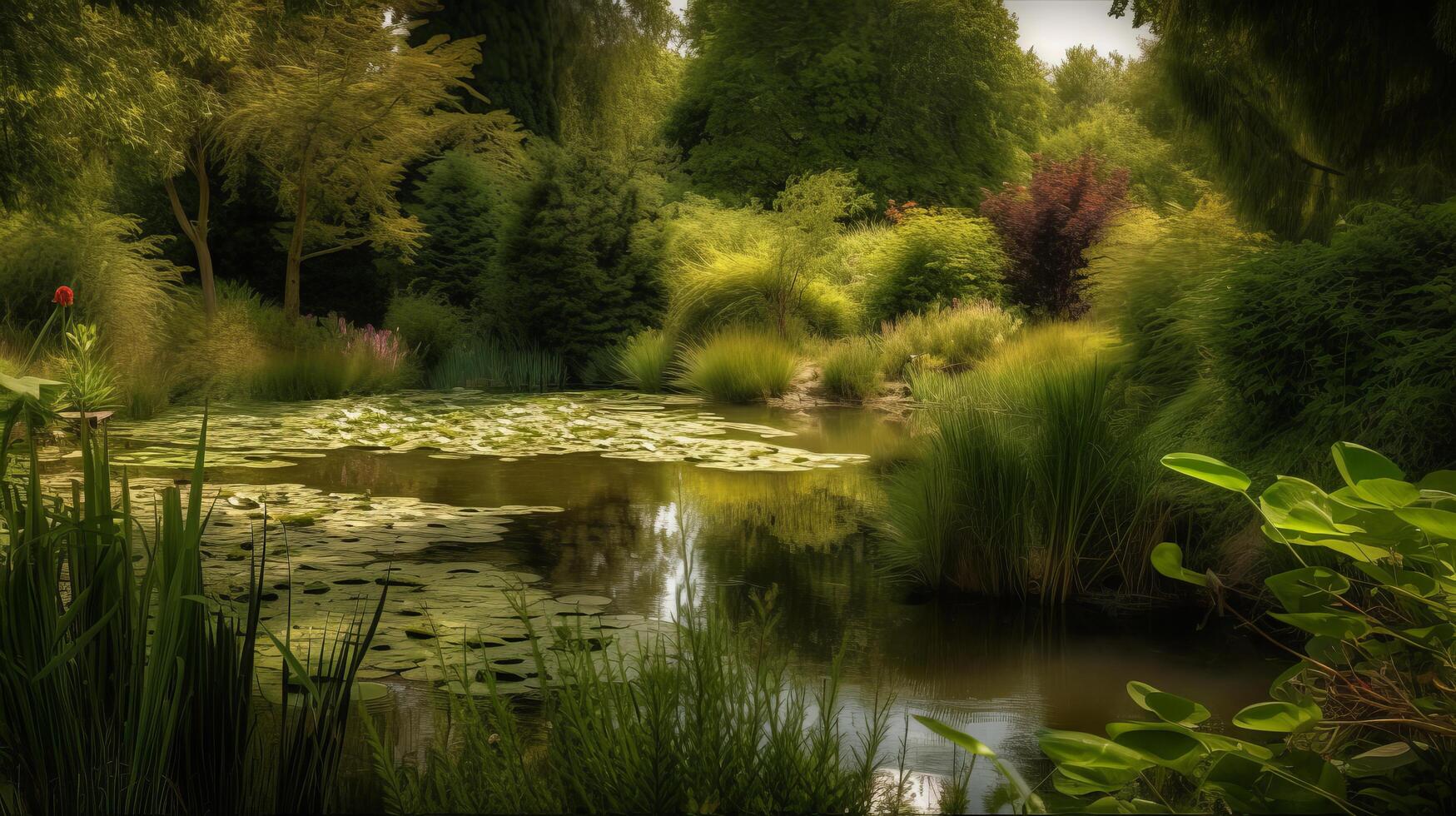 vijver in de zomer tuin. illustratie ai generatief foto