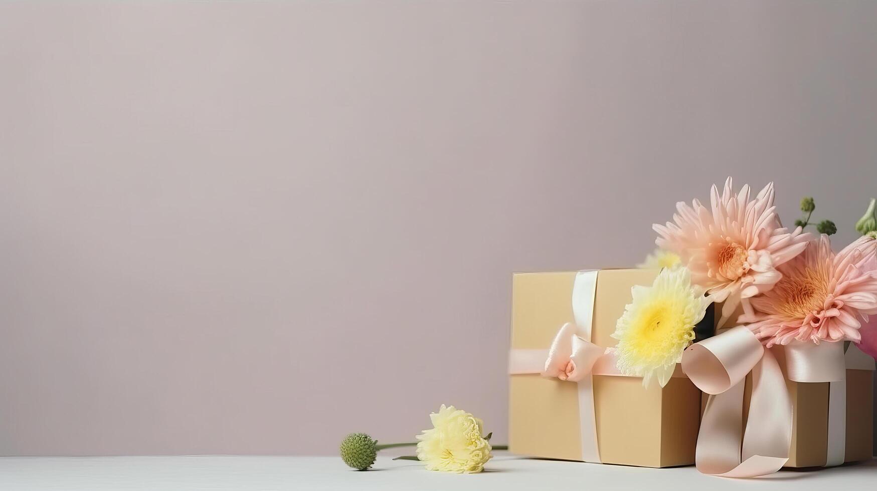 groet kaart met bloem en geschenk doos. illustratie ai generatief foto