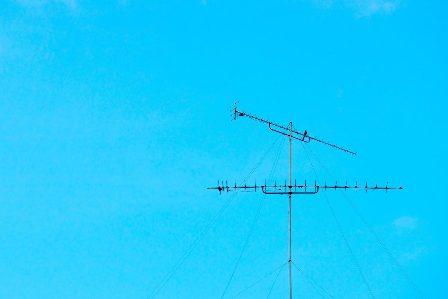 verroeste oude stalen antennetoren geïsoleerd op heldere blauwe hemelachtergrond met motie wazig vogel vasthouden aan de balk foto