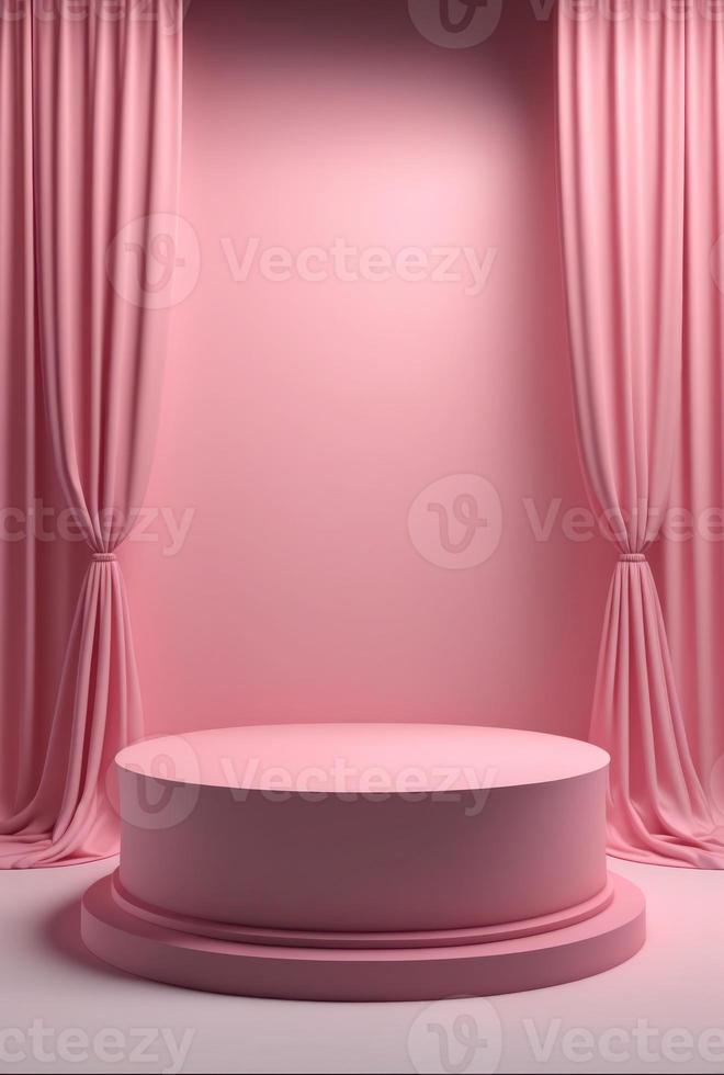 leeg roze podium met gordijnen voor Product Scherm foto
