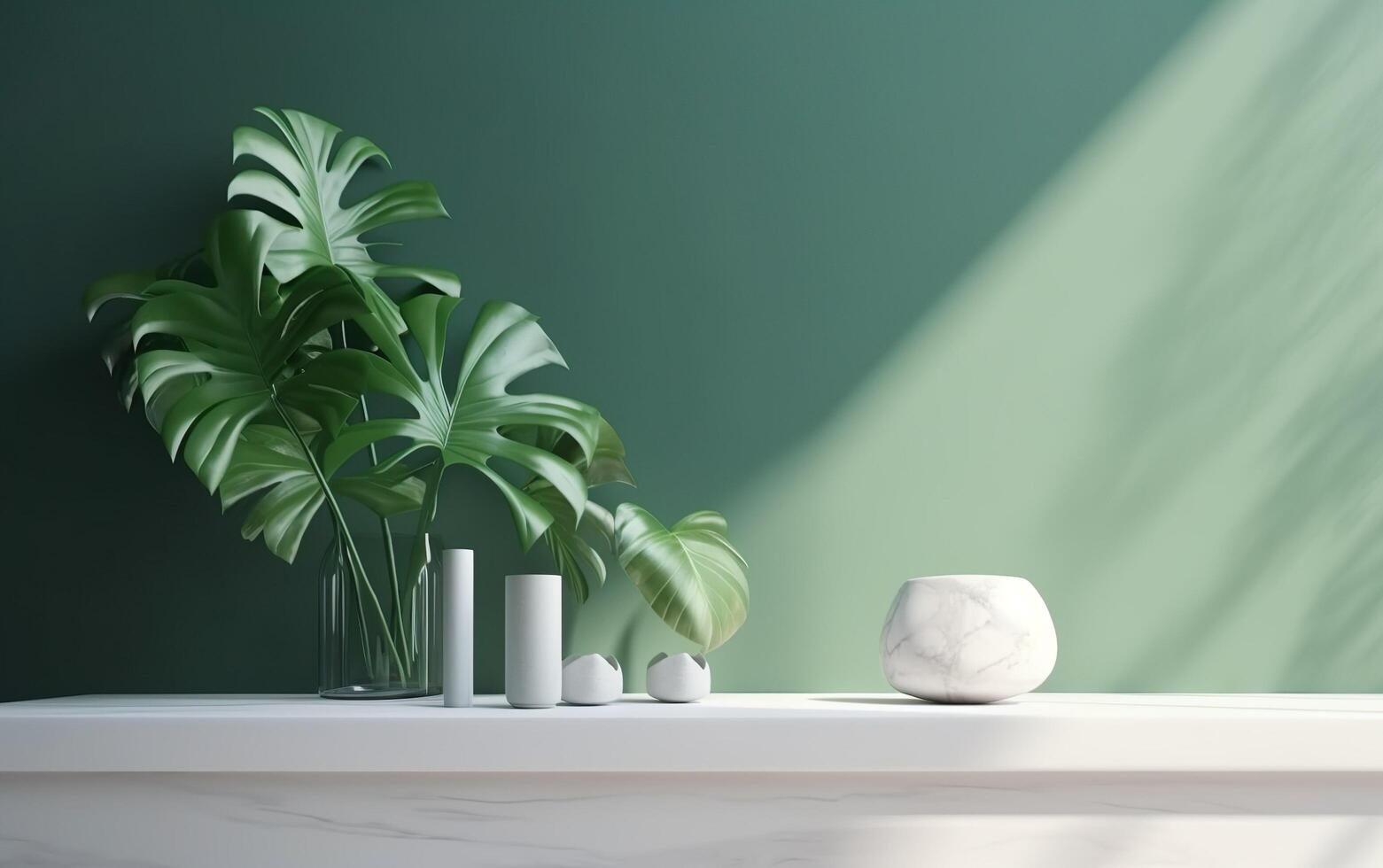 minimaal, modern wit marmeren steen teller tafel, tropisch monstera fabriek boom in zonlicht Aan groen muur achtergrond voor luxe biologisch kunstmatig, huid zorg, schoonheid Product Scherm, generatief ai, ai foto