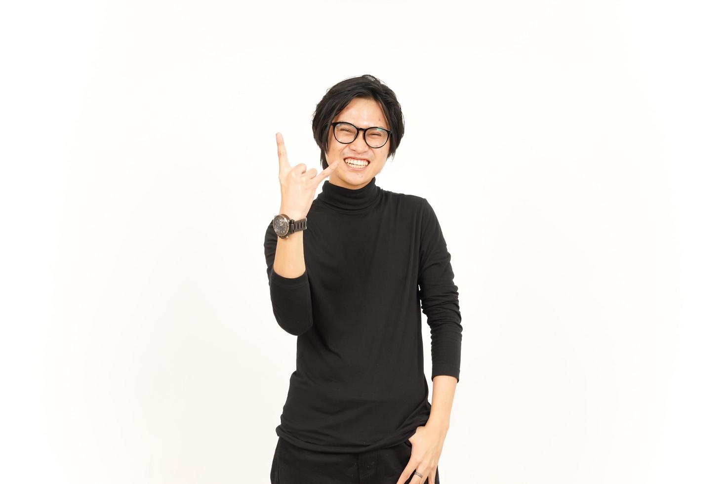 tonen metaal hand- teken van knap Aziatisch Mens geïsoleerd Aan wit achtergrond foto