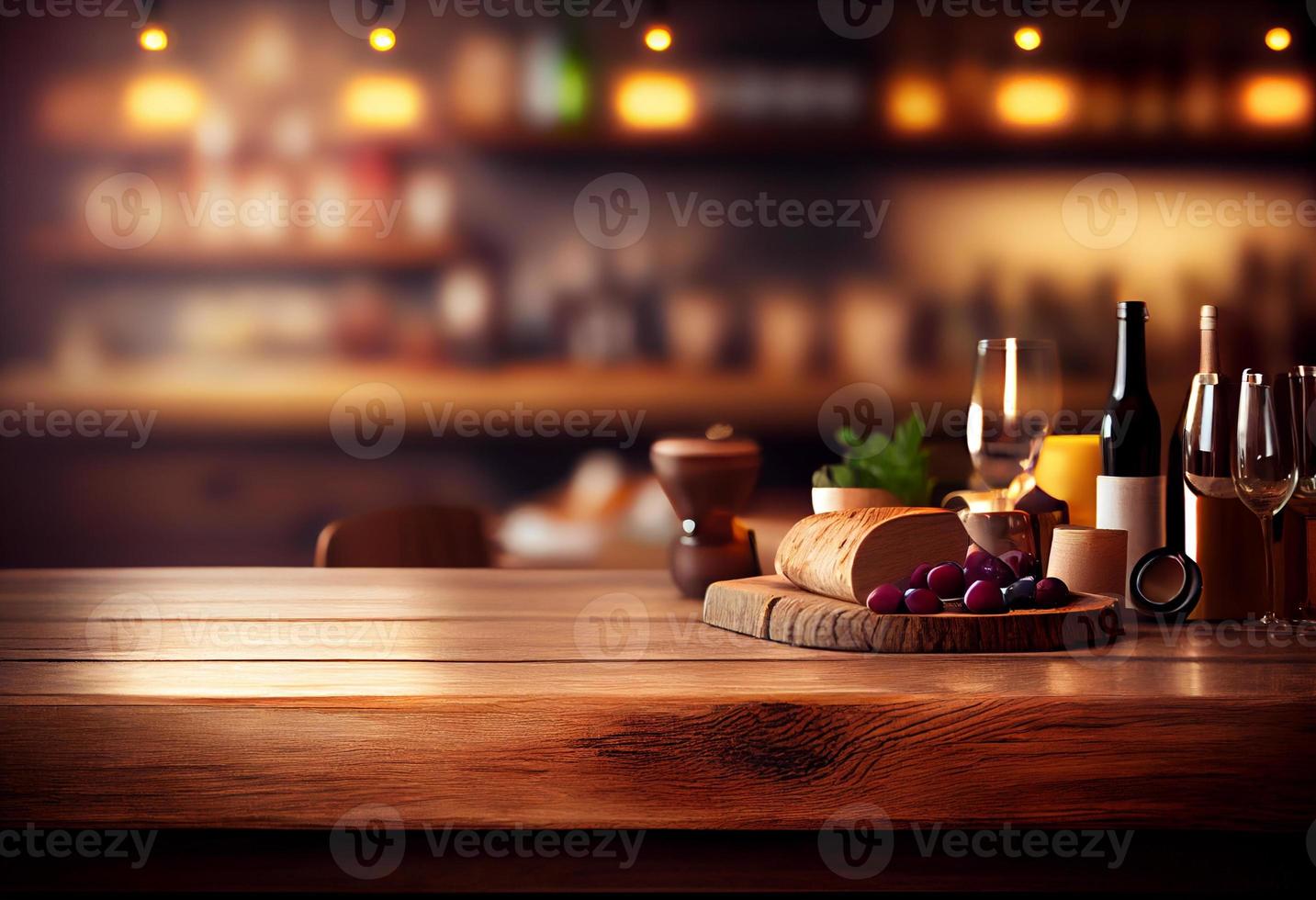 leeg houten tafel en wazig achtergrond van koffie winkel of restaurant. voor Product Scherm foto