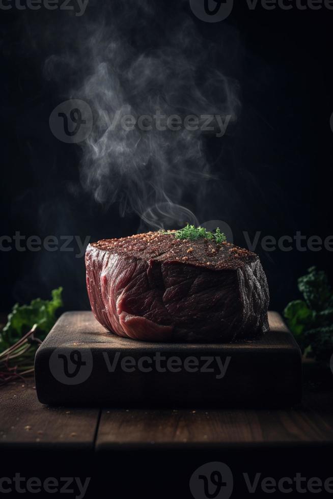 rauw rundvlees steak Aan snijdend bord met kruiden en specerijen Aan houten achtergrond foto