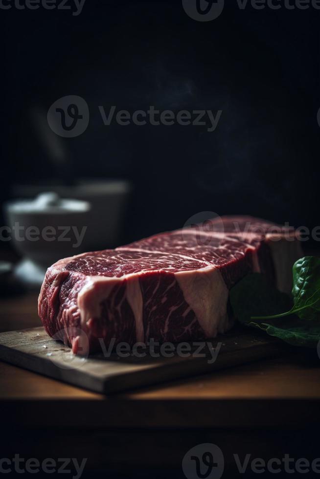 rauw rundvlees steak Aan snijdend bord met kruiden en specerijen Aan houten achtergrond foto