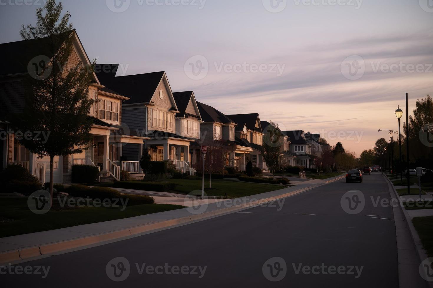 buitenwijk zonsondergang straat. genereren ai foto