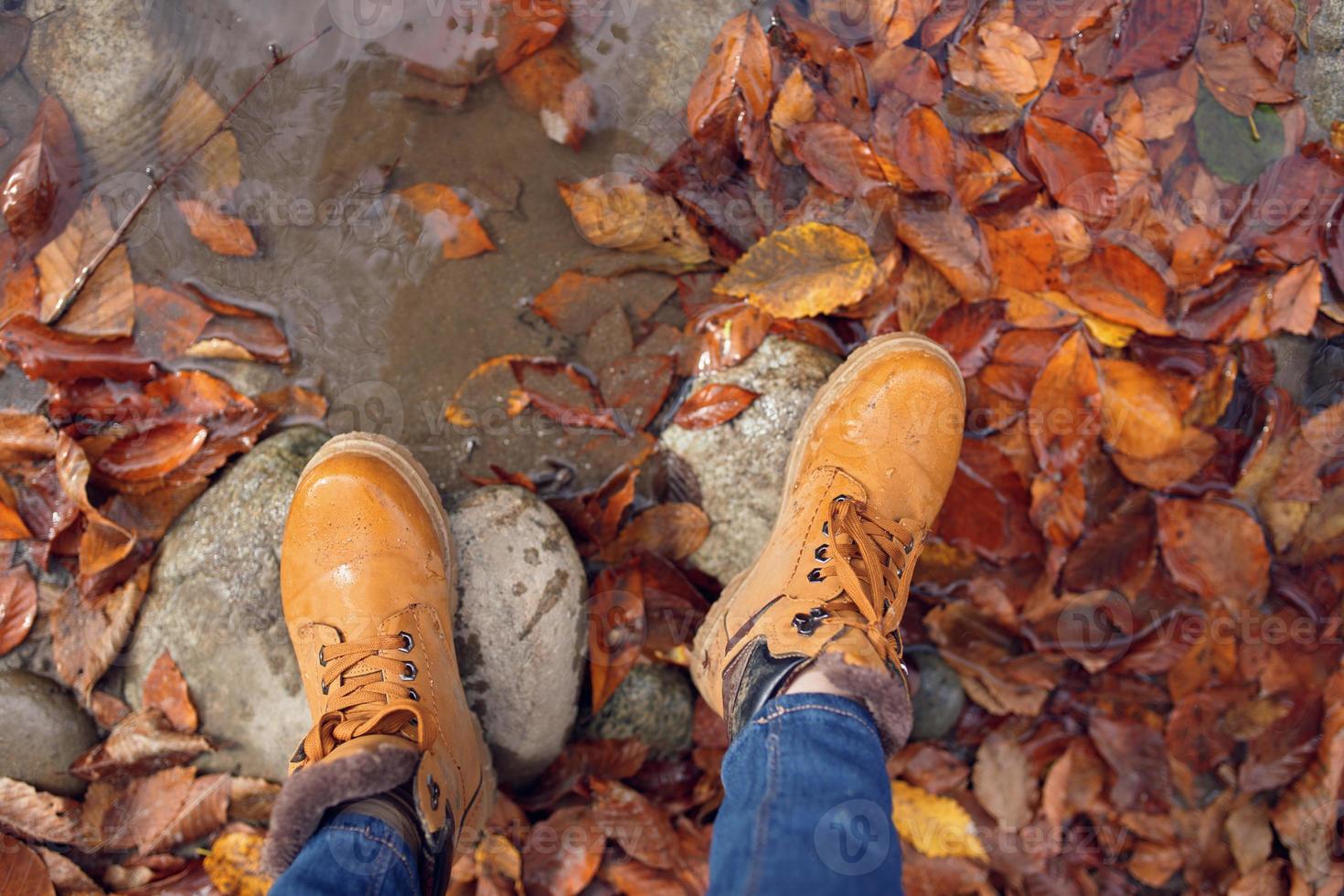 vrouw voeten Aan stenen gedaald herfst bladeren top visie foto