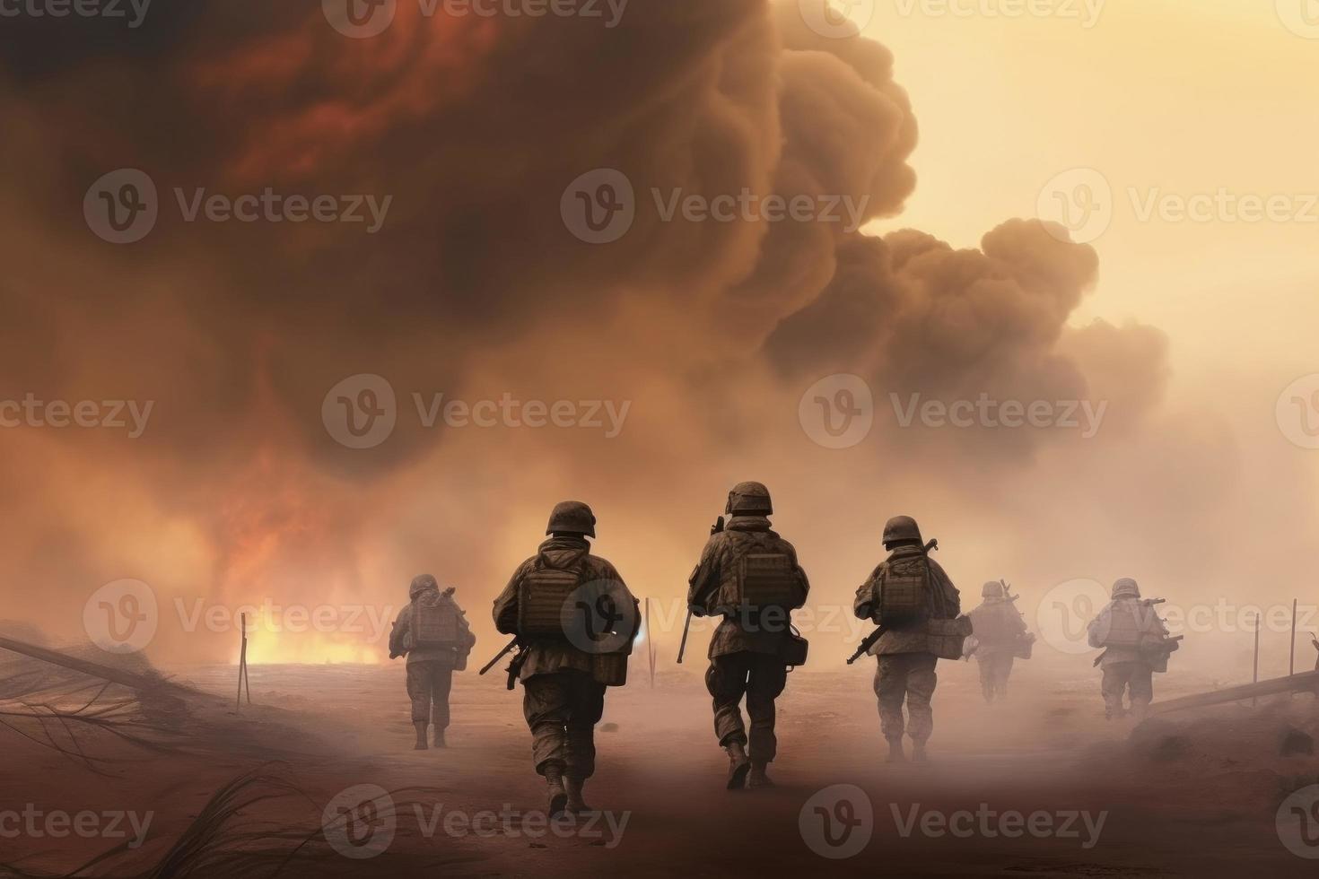 oorlogsgebied soldaten in rook. genereren ai foto