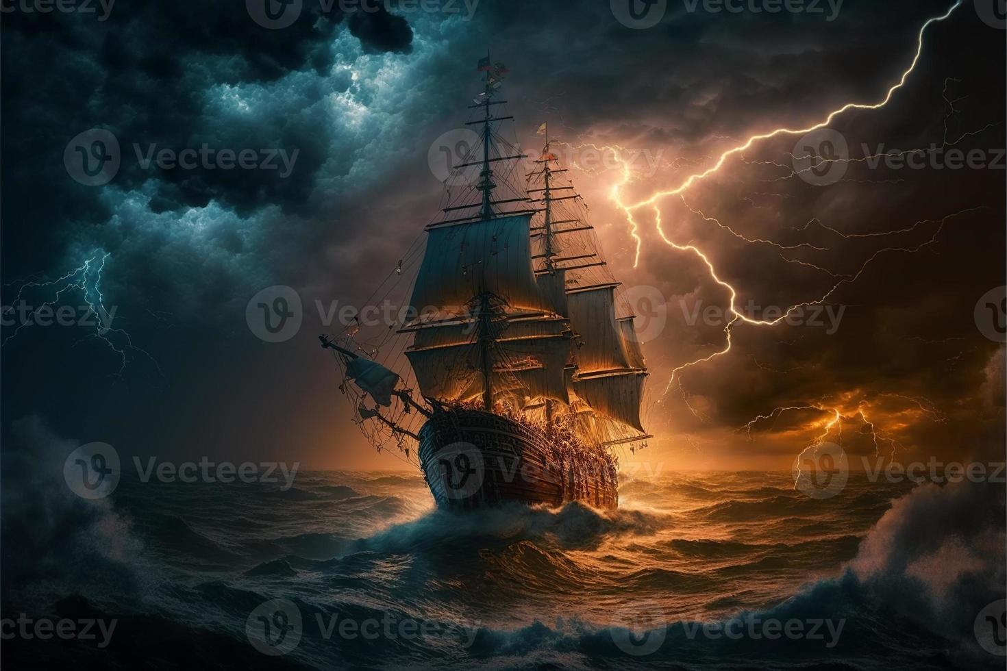 landschap met piraat schip in de zee, bliksem in de lucht vol van wolken, horizon in de achtergrond. ai digitaal illustratie foto