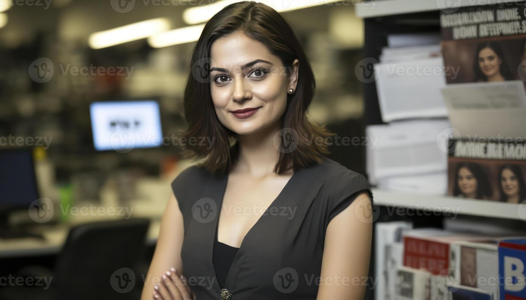 een mooi glimlachen jong vrouw journalist in voorkant van een wazig redactiekamer achtergrond ai gegenereerd foto