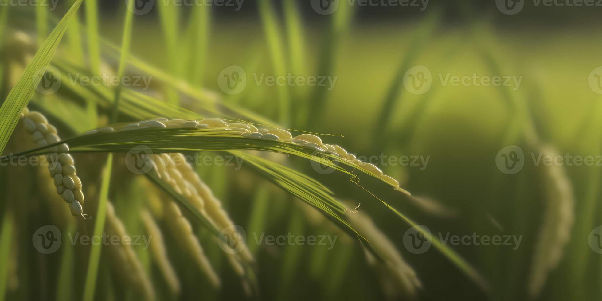 dichtbij omhoog van een rijst- rijstveld een oogst van overvloed ai gegenereerd foto