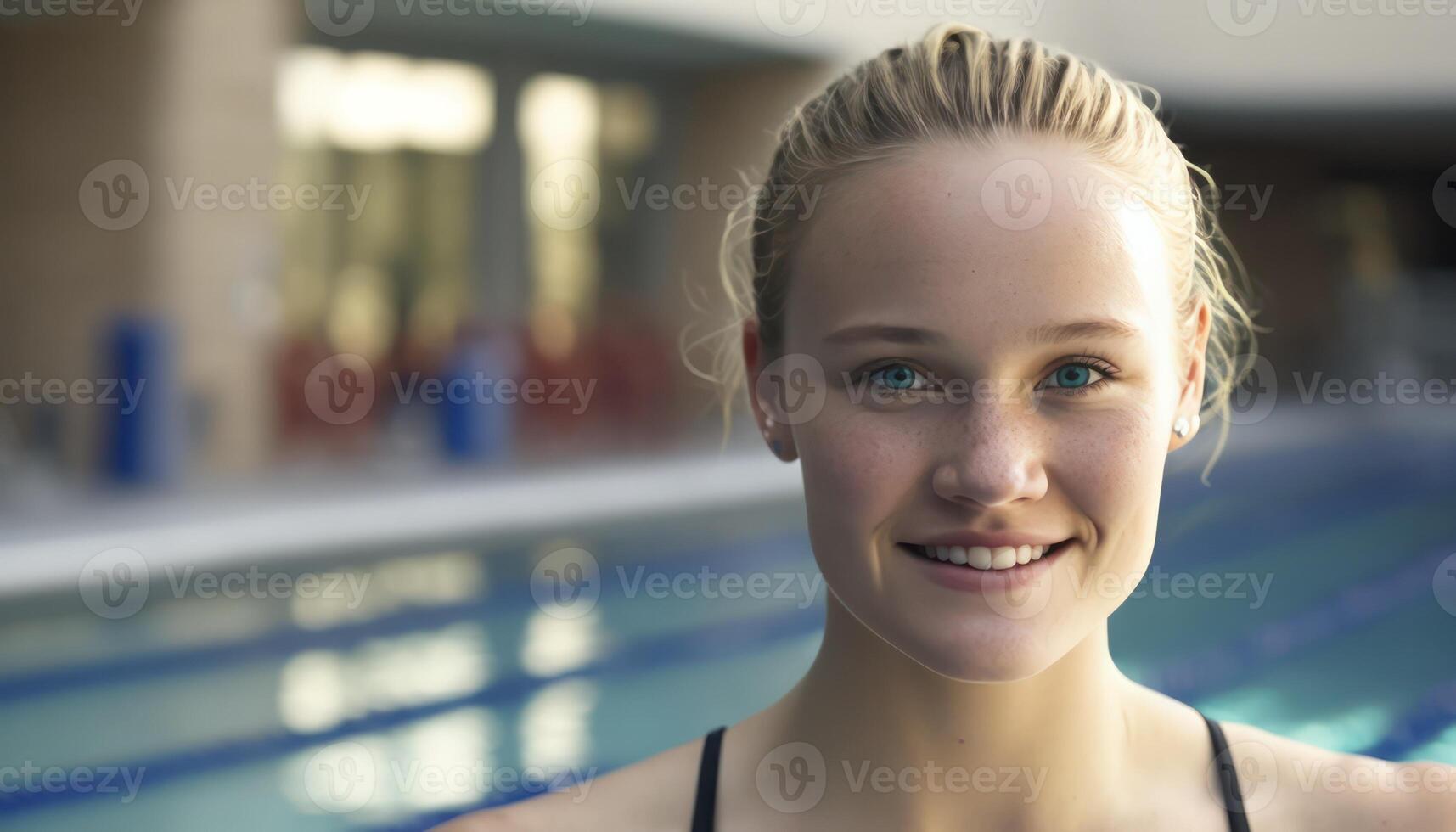 een mooi glimlachen jong vrouw atleet in voorkant van een sport stadion achtergrond ai gegenereerd foto