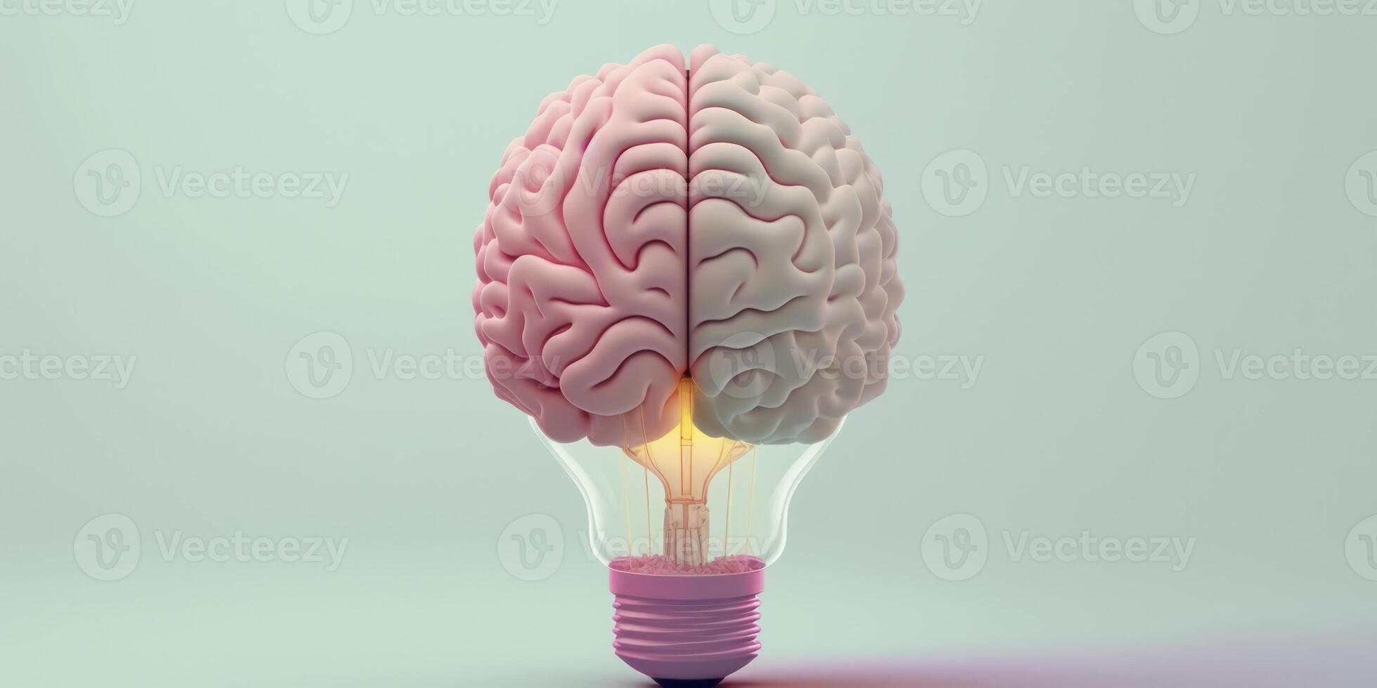 hersenen binnen groot licht lamp illustratie, creativiteit ai gegenereerd foto