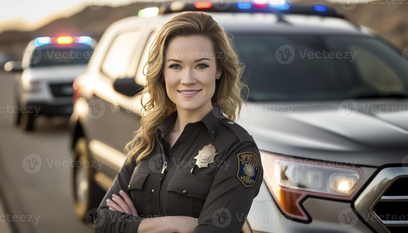 een mooi glimlachen jong vrouw Politie naast van een wazig verkeer licht en Politie auto achtergrond ai gegenereerd foto