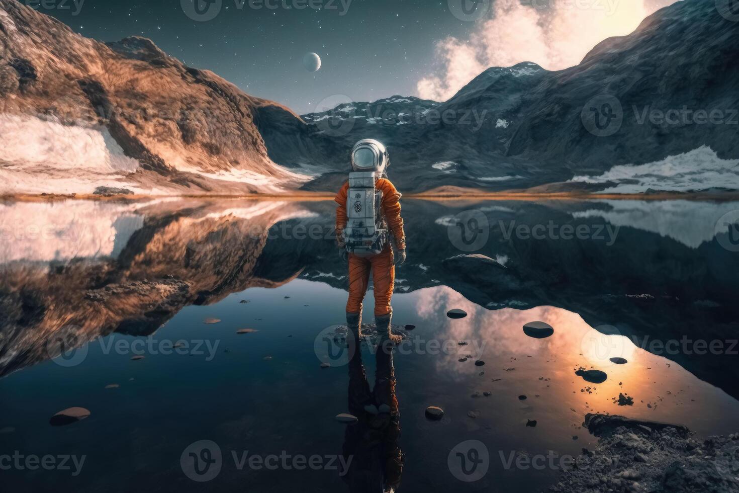 een vrouw astronaut staat door een meer en looks Bij de sterren gemaakt met generatief ai technologie. foto