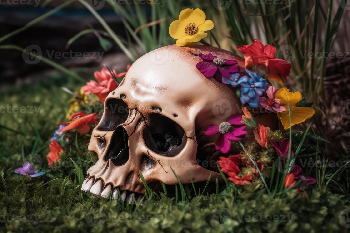 kleurrijk bloemen groeit uit van een schedel sommige gras Aan de grond gemaakt met generatief ai technologie. foto