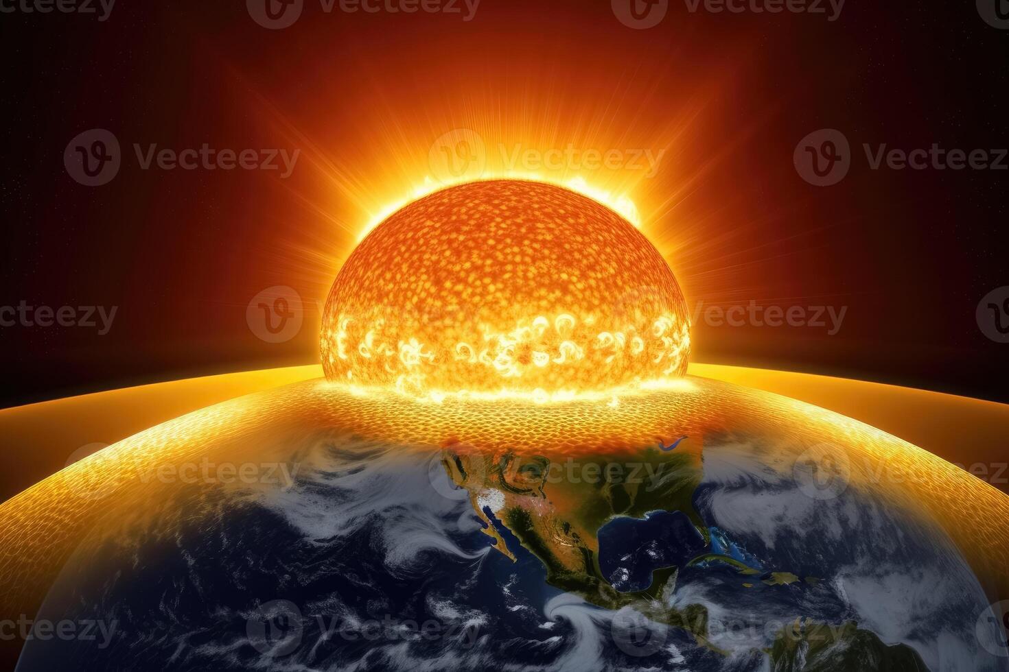planeet aarde smelt in de zon veroorzaakt door globaal opwarming gemaakt met generatief ai technologie. foto