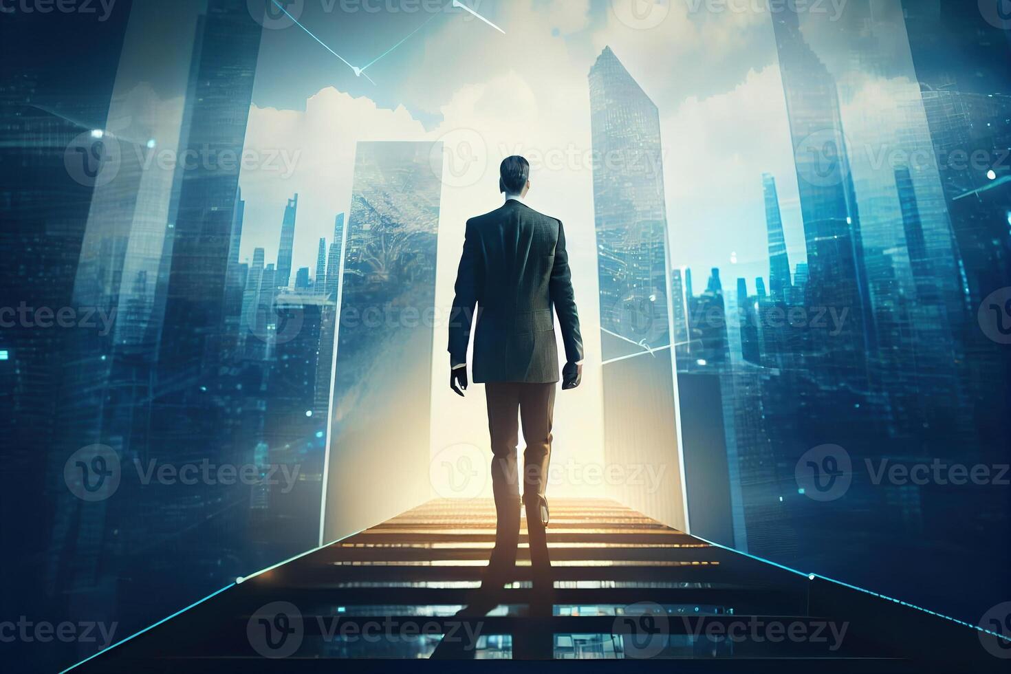 zakenman wandelen Aan virtueel realiteit reis naar een futuristische slim stad met cyber netwerk verbinding. generatief ai. digitaal kunst illustratie foto