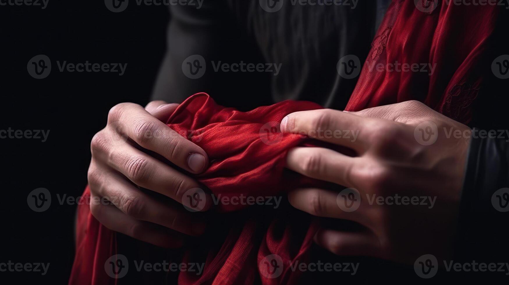 Mens mannetje handen houden een rood vrouw jurk generatief ai foto