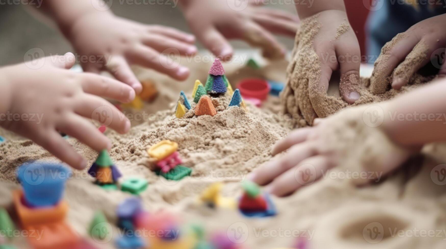 kinderen handen in de zandbak, kinderen Speel met zand generatief ai foto