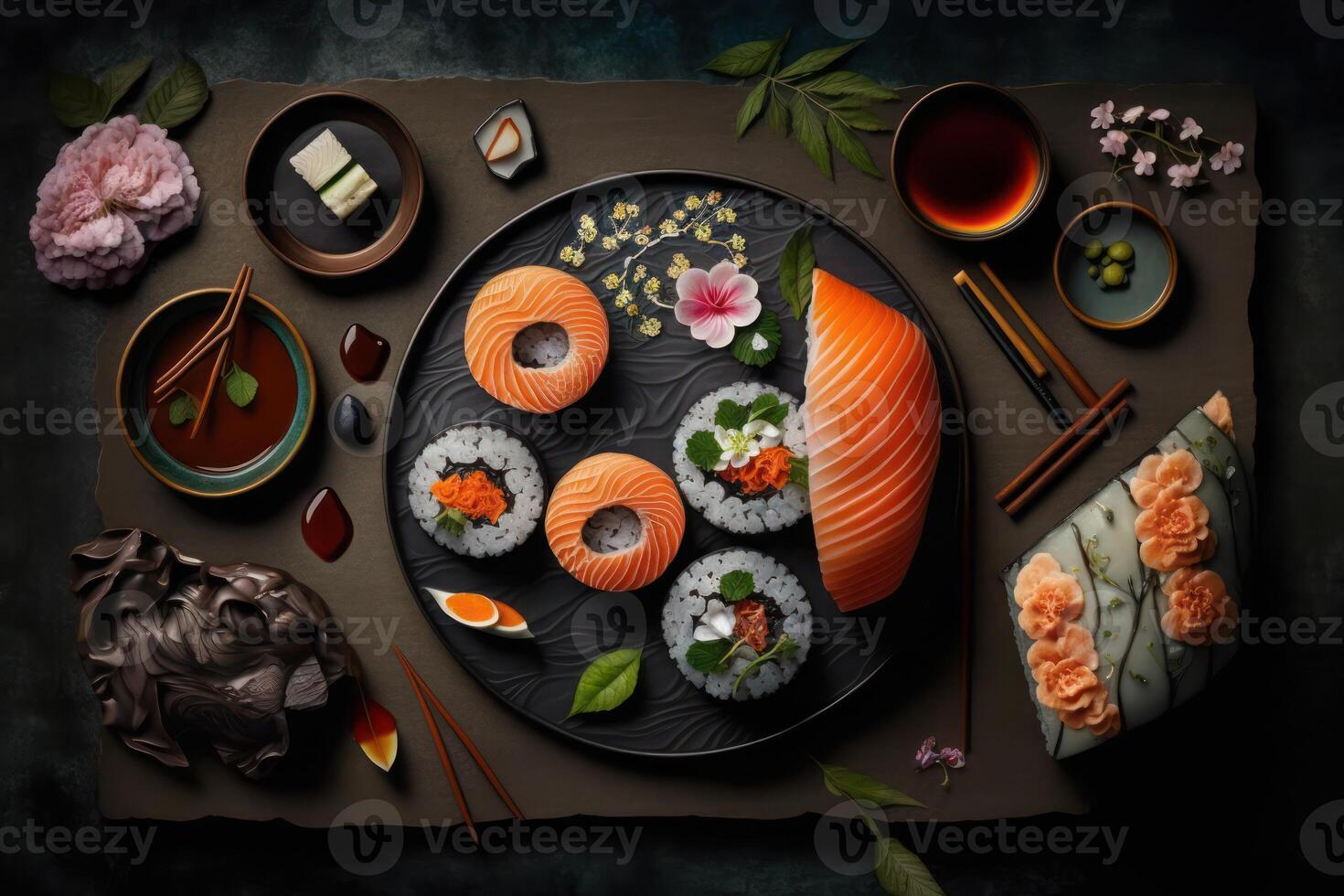 vers mooi sushi opstelling met Zalm maki en mysterieus ingrediënten. ai gegenereerd foto