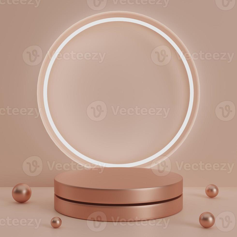 3d geven luxe ronde podium met cirkel licht gloeiend Aan roos goud achtergrond voor Product presentatie foto