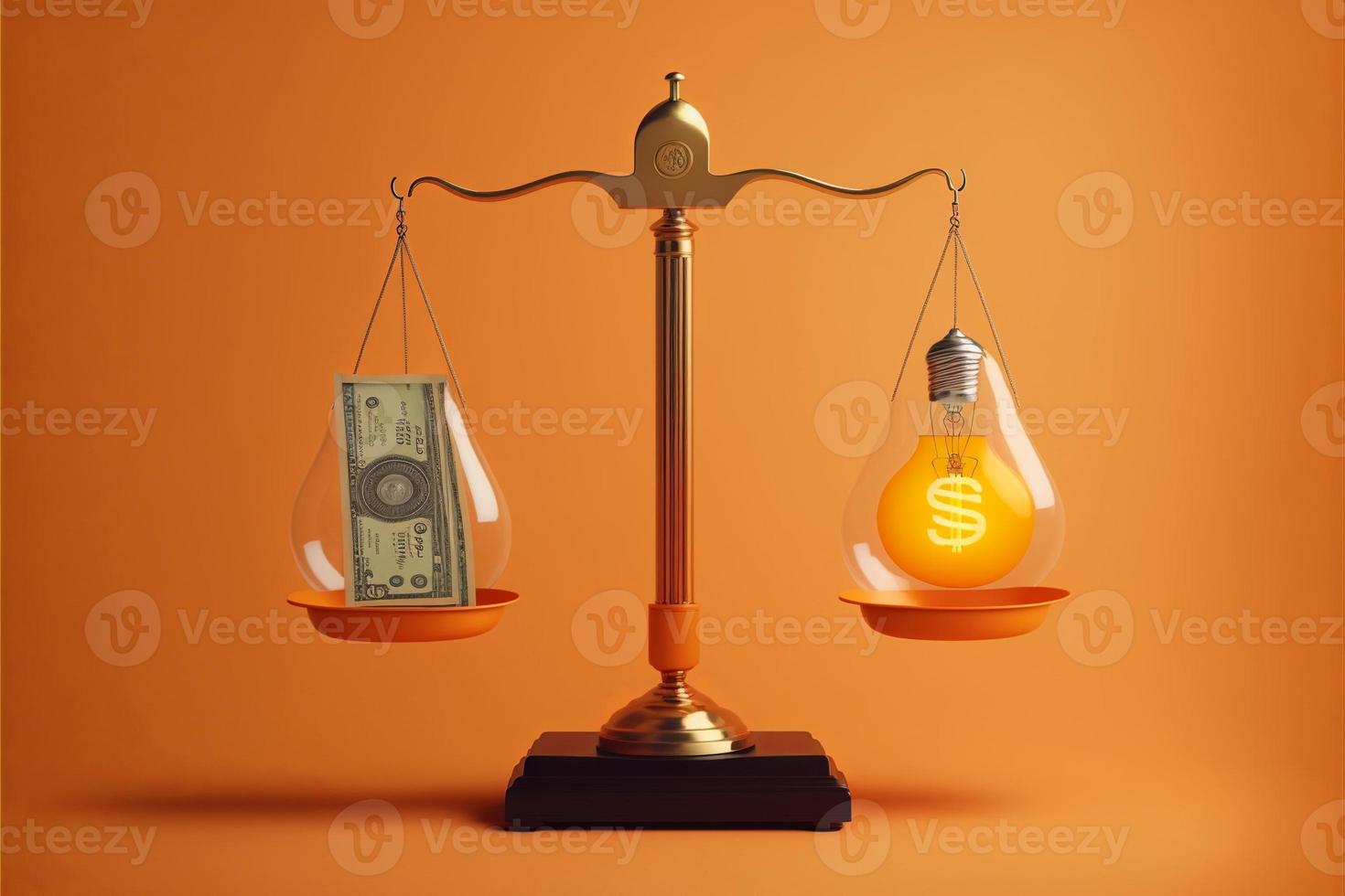 balans met licht lamp Aan een kant en geld Aan de ander, concept van ideeën en innovatie, oranje achtergrond. digitaal illustratie. ai foto