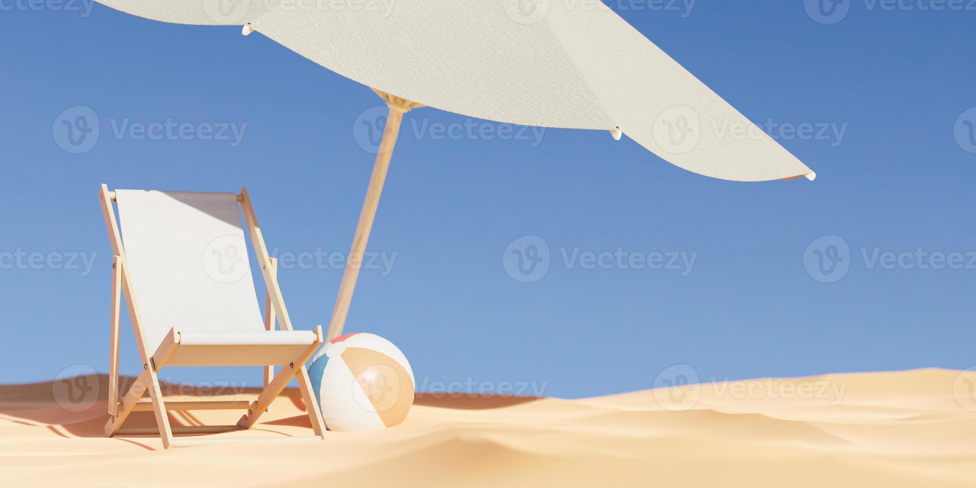 strand stoel met paraplu en bal. 3d geven foto